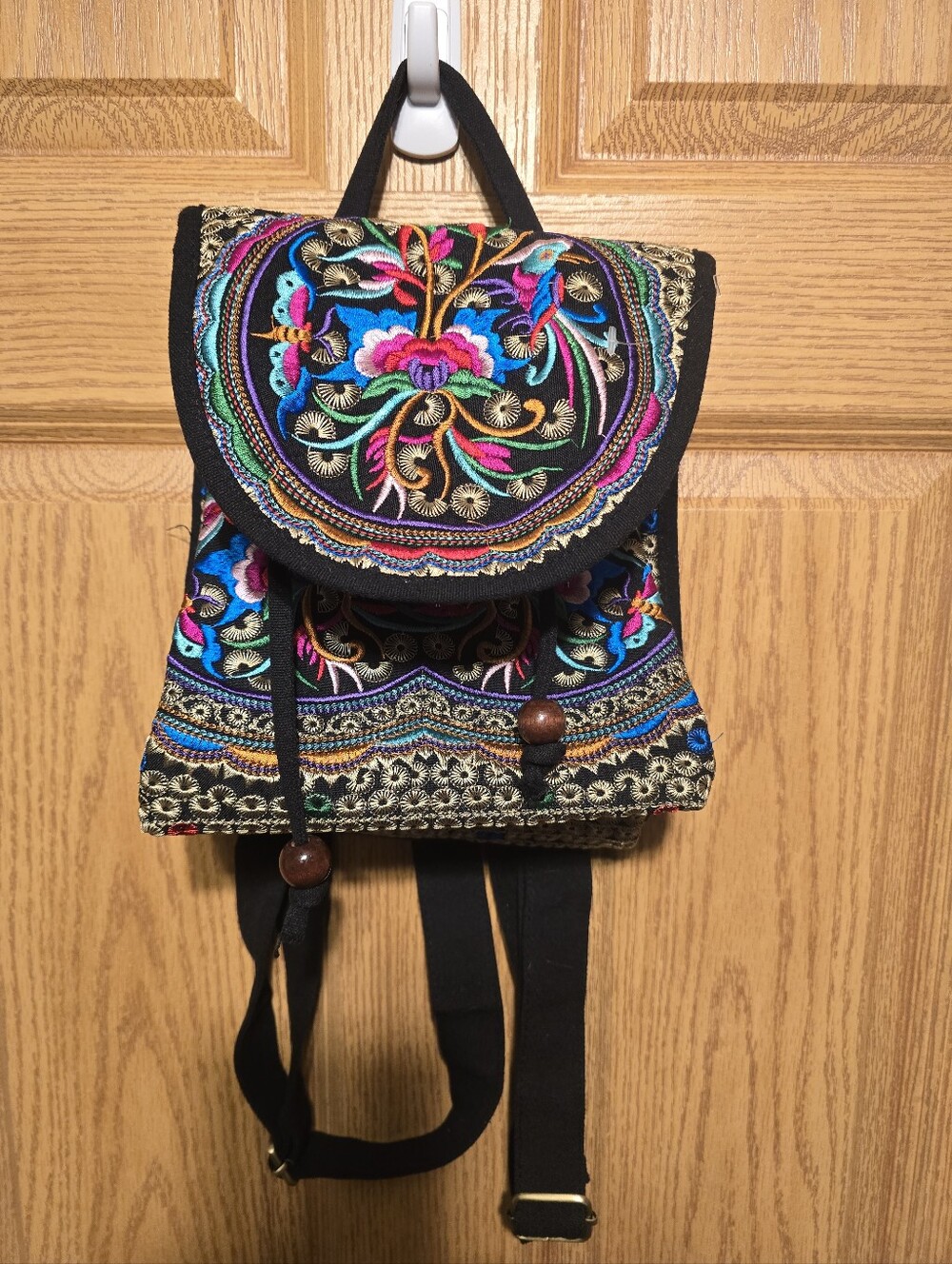 Handcrafted Black Embroidered Floral Backpack